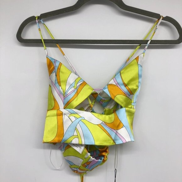 NWT Zara Satin Lime Multi Retro Psychadelic Crop Top size S - Picture 3 of 12
